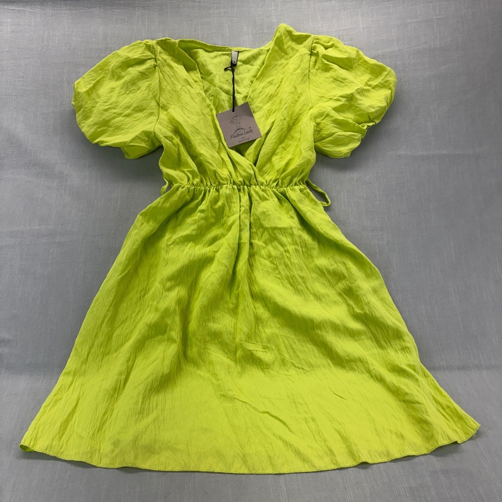 Festina Lente Mini Dress Womens OS Italian Style Lime Green Puff Sleeve V-Neck